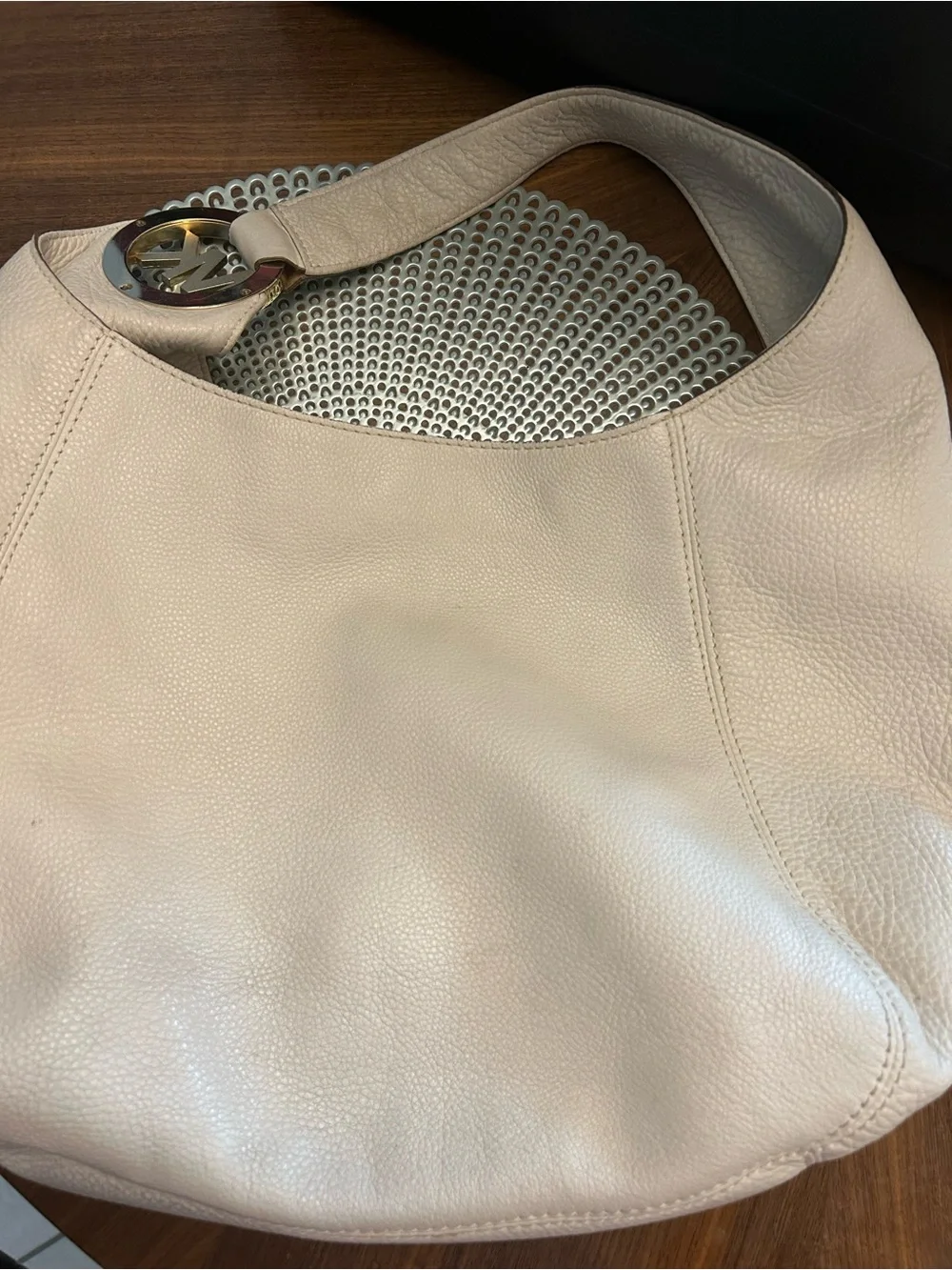 Michael Kors Beige Leather Shoulder Hobo Bag with Gold MK Logo